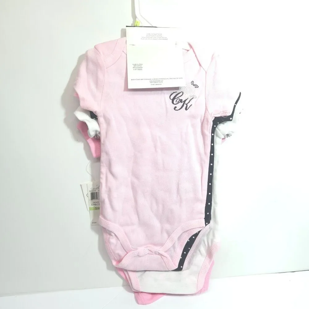 Calvin Klein Baby Girl Layette 5-Pack Bodysuits Newborn 3-6 M Pink Black White